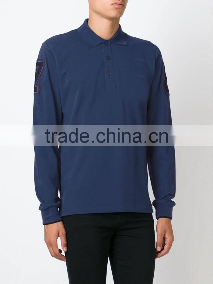 Man middle blue cotton formal golf long sleeve polo t shirt