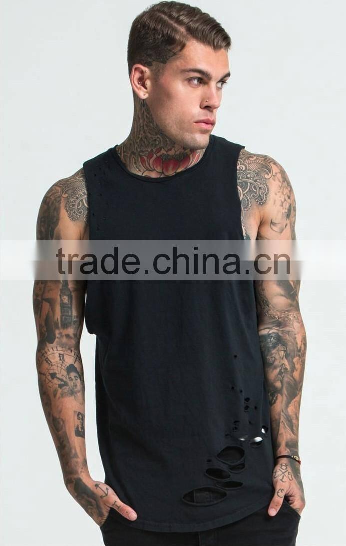 New in distressed tank top 100% cotton safety vest curved hem top