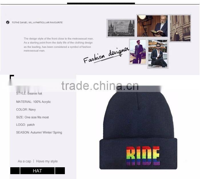 Navy stitching knitted custom acrylic beanie with logo embroidery