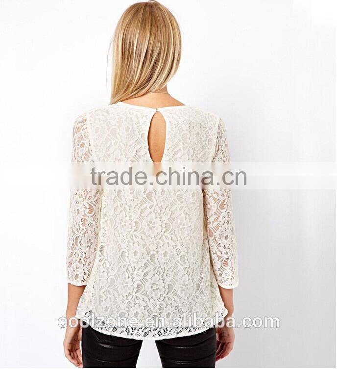 Elegant white basic woman blouse fashion sheer crochet lace blouse 2015