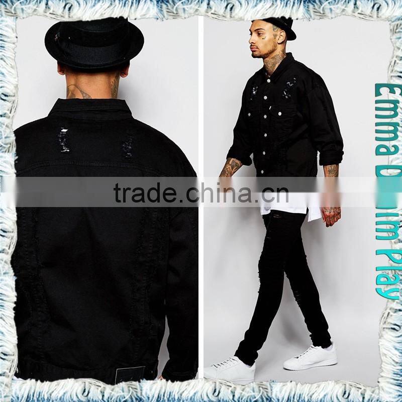 Hot Design Men Fashion Broken Holes Washed Long Sleeves Black Denim Jackets