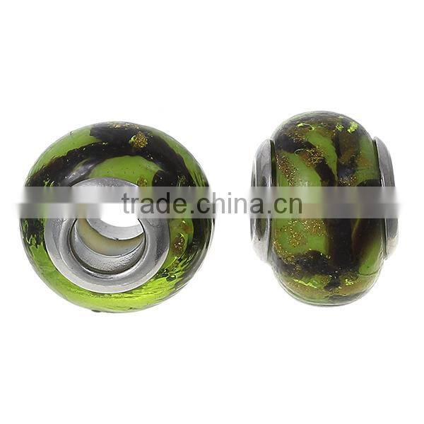 Lampwork Glass European Style Large Hole Beads Round Grass Green & Black Pattern With 304 Stainless Steel Silver Tone Core