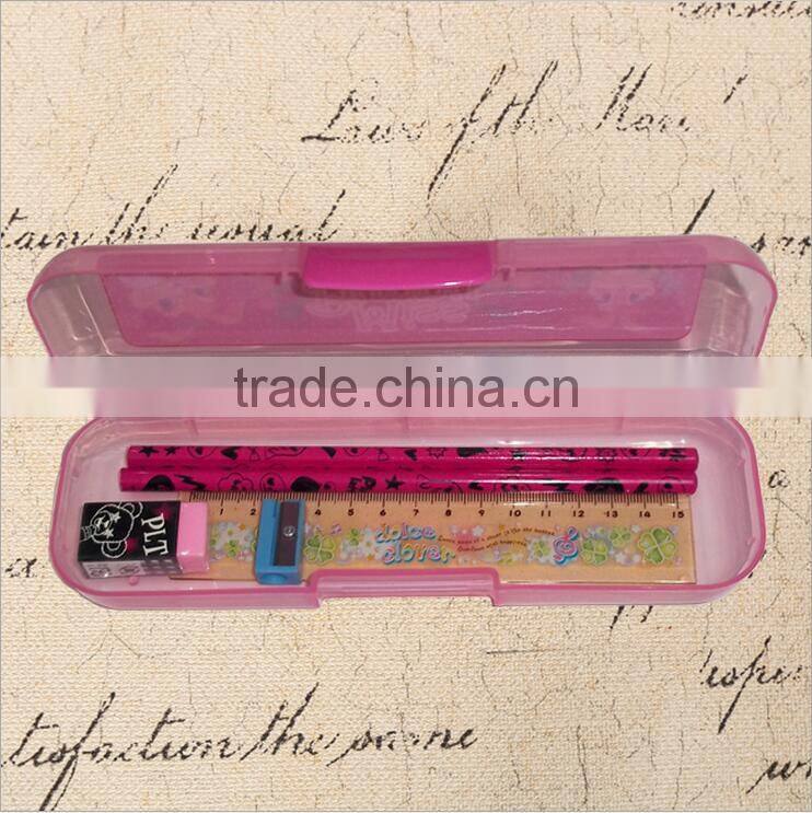 Curtom logo print transparent colorful plastic pencil case pen boxes set with pencil ruler and eraser