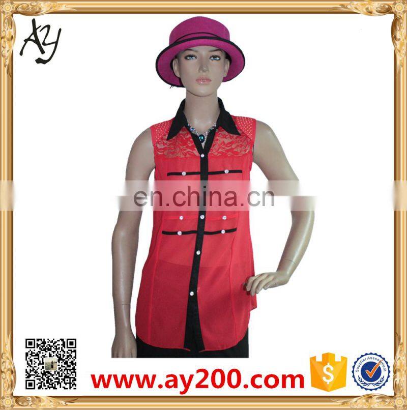 Chiffon collar sleeveless shirt/women high quality shirts
