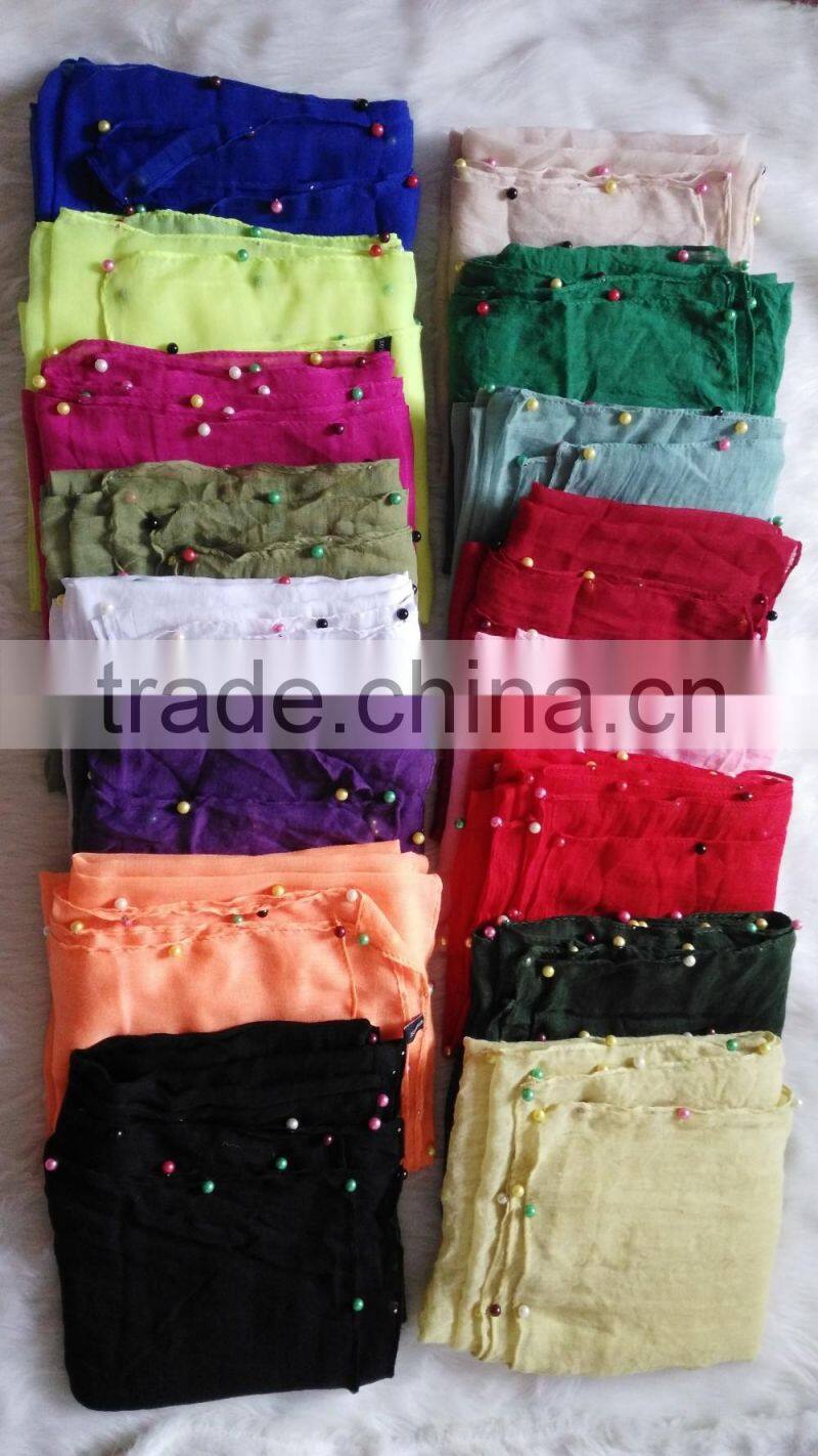 Hot Selling Self-made Plain Hijab Shawl Women Colorful Pearl Scarf
