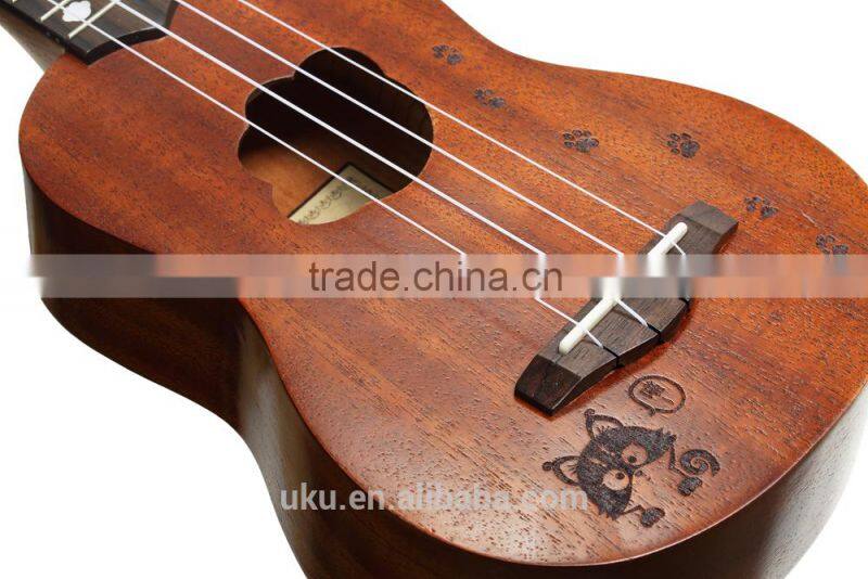 UKU wholesale 21" engraving lovely Soprano wooden ukulele with ukulele case bag