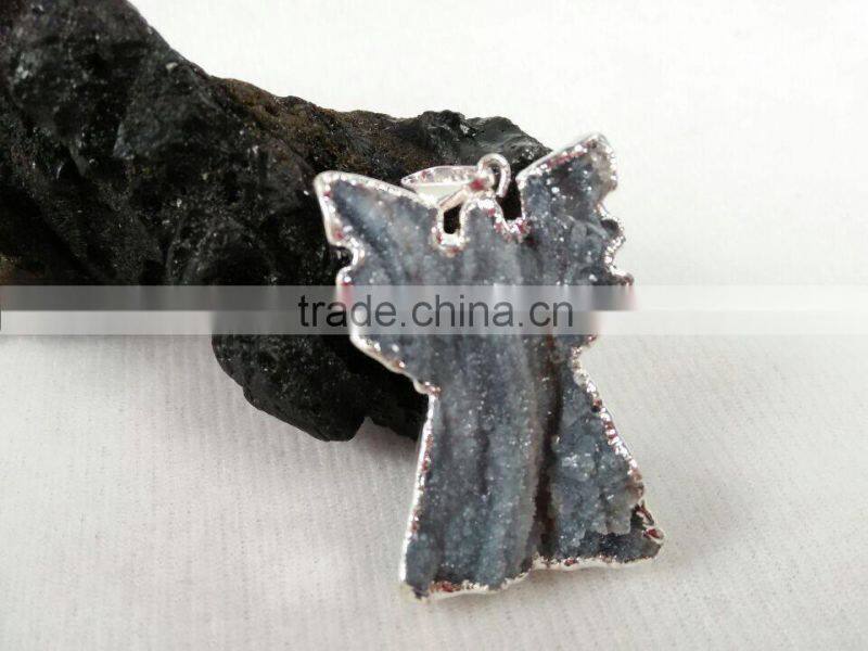 Natural angel shape agate druzy quartz pendant plated edge for jewelry decoration