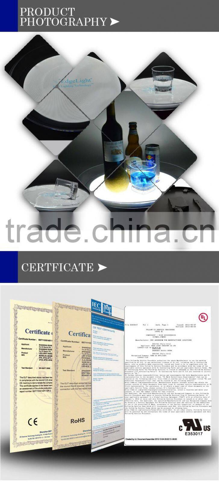 Edgelight LED tray for night bar , restaurant use , Party event accessories round bar tray