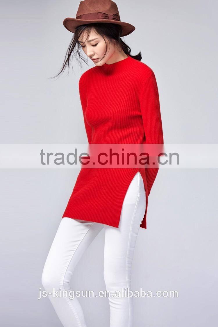 JS-11015B one slit pure color high neck latest design sweater women