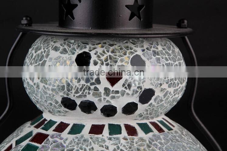 Snowman Shape Mosaic Glass Hanging Lantern for Christmas Outdoor Decoration