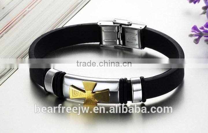 Charm Rubber Silicone Chain Gold Cross wristband bracelet for mens with stainless steel buckle