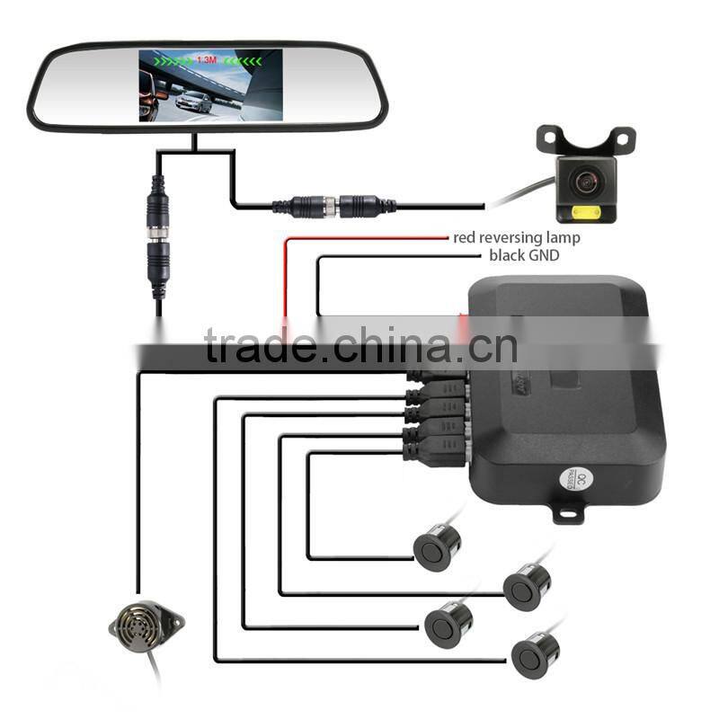 Car Reverse Backup Radar with 4 Parking Sensors+4.3" Car Mirror Monitor +Waterproof car Camera
