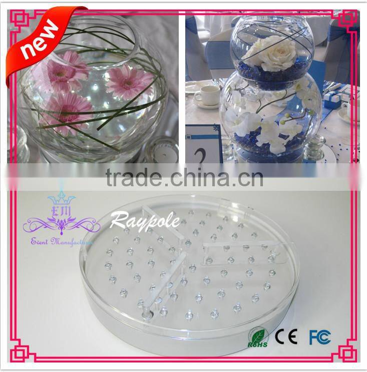 Hot sell round tall crystal centerpiece light base 8 inch rechargeable vase led centerpiece light for wedding/ party