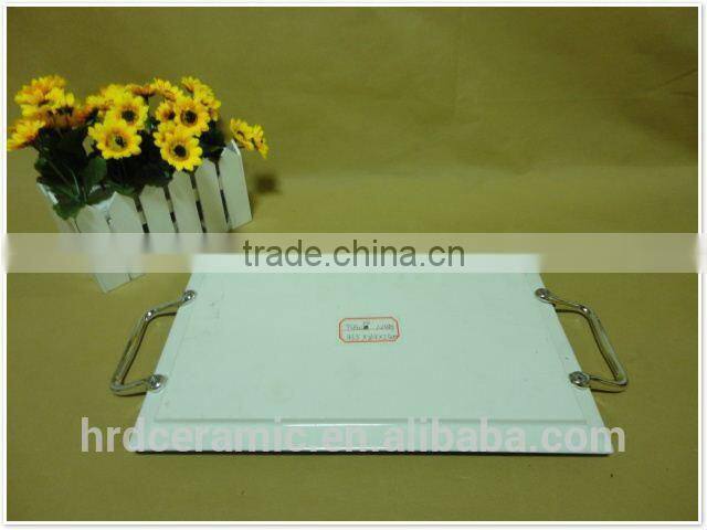 Hotel stock ceramic oval plate with two handles