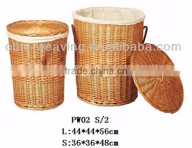 Customized cheap handwoven unique round folding brown wicker laundry basket with cover