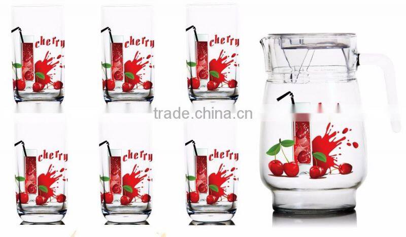 classic Glass water jug set 1400ml fruit color printing juice glass jug set drinking glass set