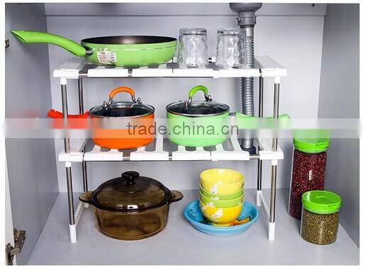 Kitchen telescopic plastic sink storage shelf rack/stainless steel kitchen storage rack