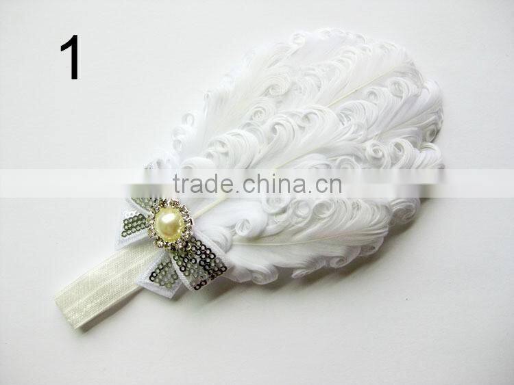 curly feather with pearl bead rhinestone for kids hair accessories