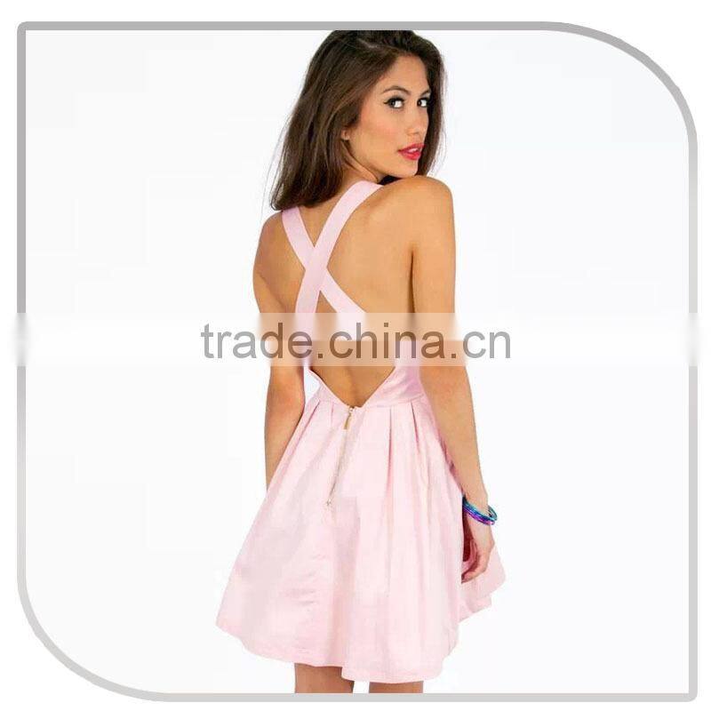 PINK STRAP CROSS RUFFLE Mature WOMEN SEXY MINI DRESS