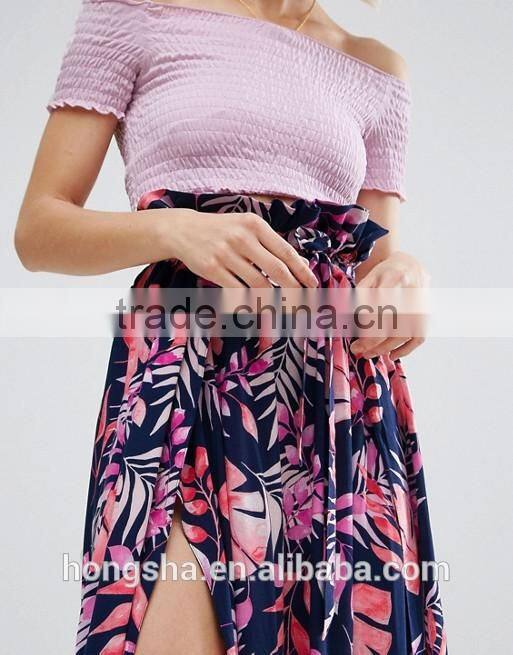 Floral print Maxi Skirt with Belt in Print HSH6118