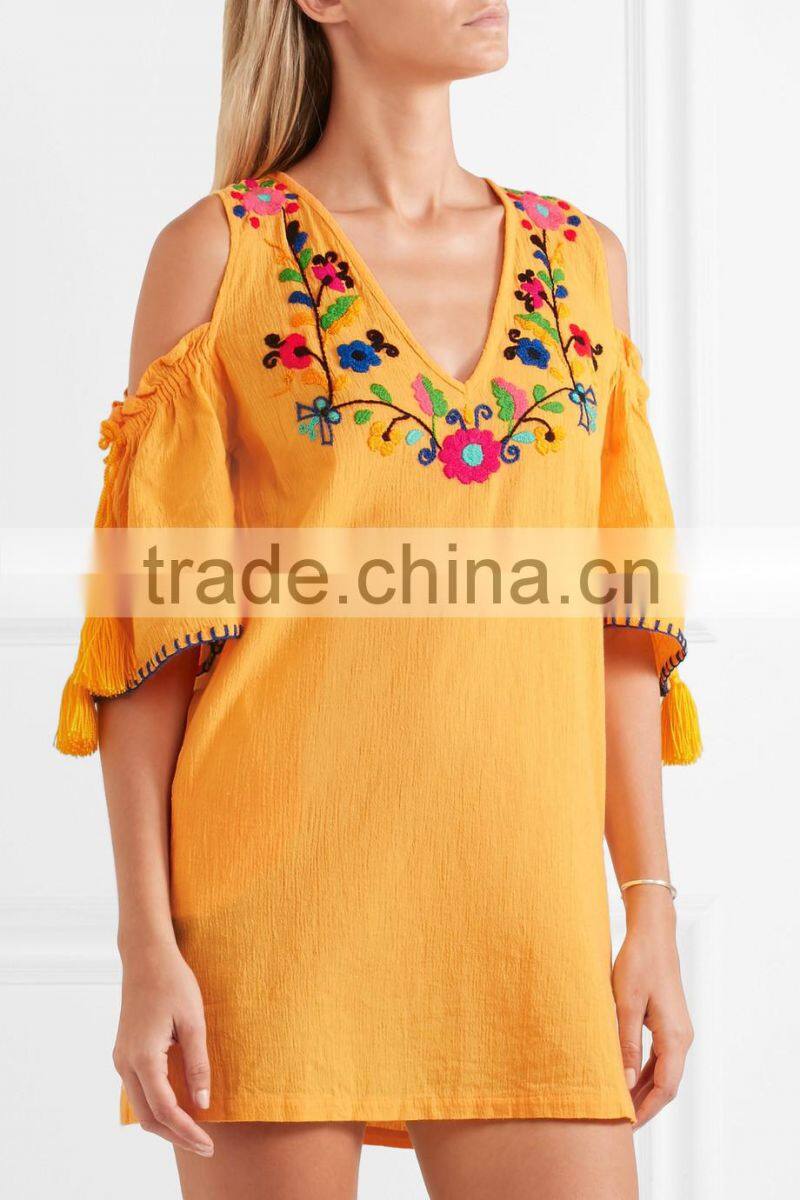 boho cold-shoulder flora embroidered crinkled cotton mini dress mexican western dresses names HSd5199