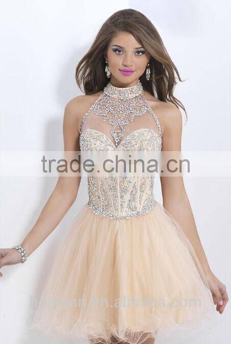 2015 halter neck beaded evening party dress short patterns