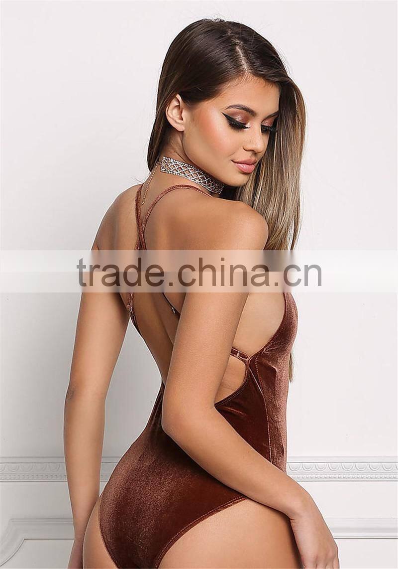 MGOO Fashion Factory Made Cross Strap Velvet Bodysuits Custom Deep V Neck Bloues Tops Sleeveless Custom