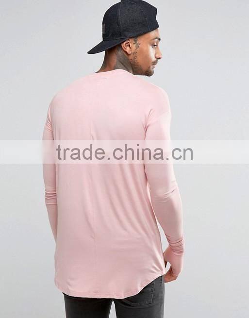 Men's Longline Long Sleeve T-Shirt Elongated Curved Hem T Shirt with Thumbhole Pink Plain Extra Long Tee