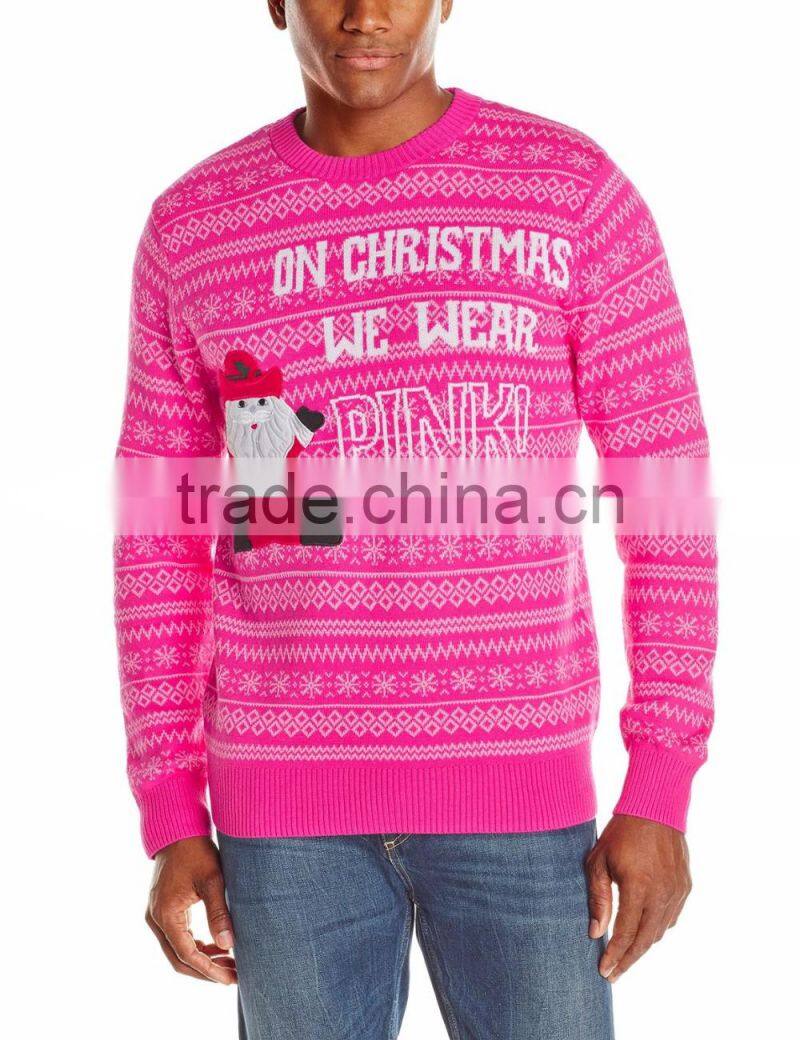 Men Pink Sweater Sitting Santa Claus Pattern Christmas Sweater Ugly