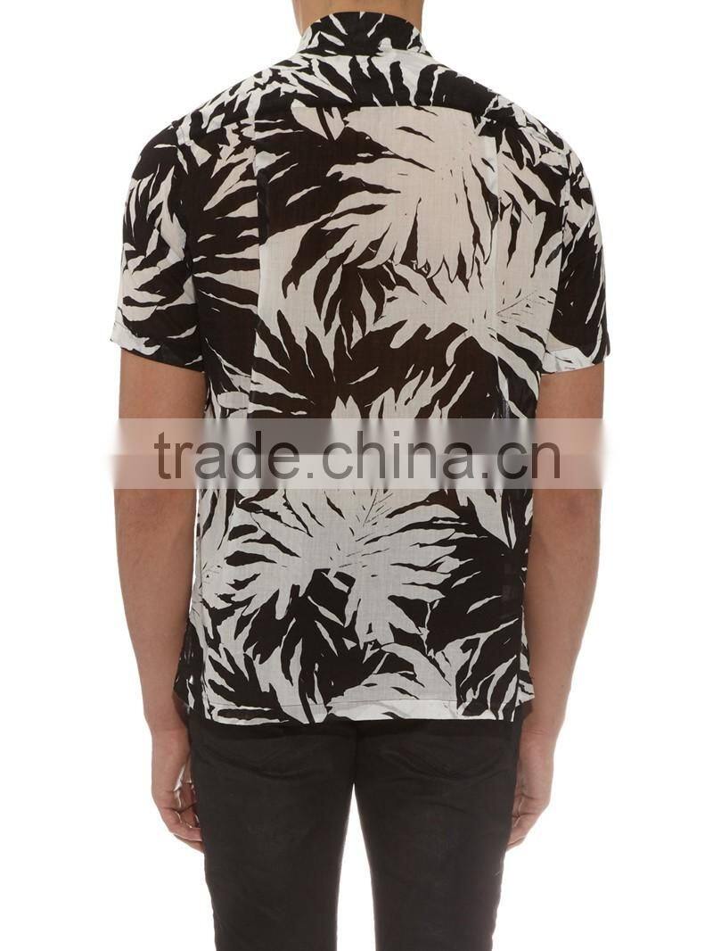 Palm leaf print short sleeved shirt with chest pocket