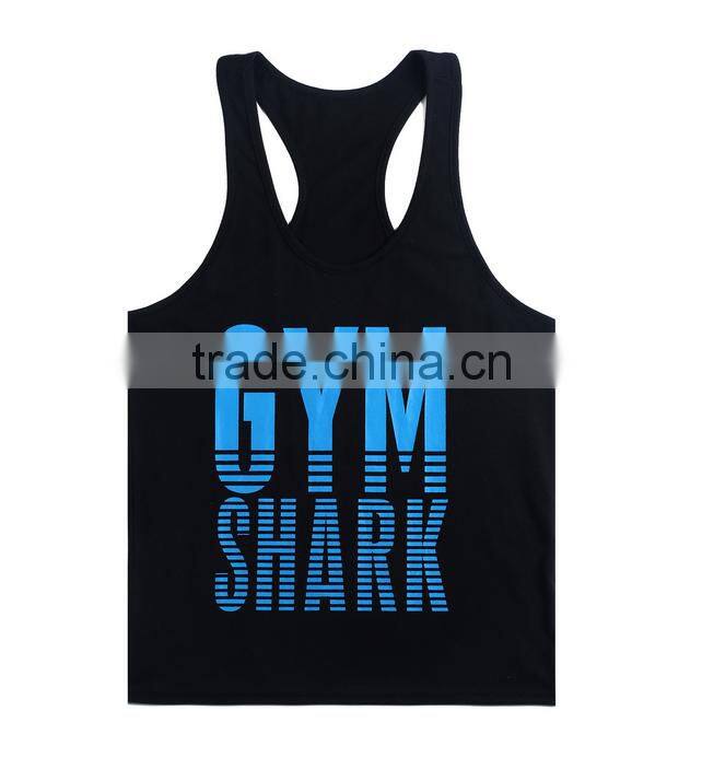 Customized OEM Brand Logo GYM Shark Sleeveless Fitness Sportwear GYM Vest Cotton Stringer Bodybuilding Men GYM Shark Tank Top