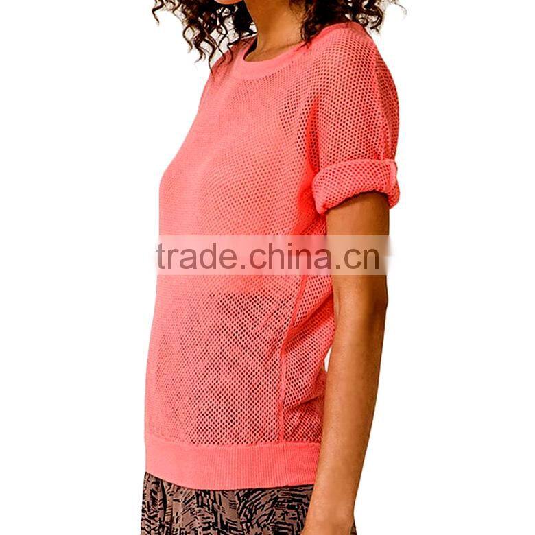custom sexy style o neck short sleeve mesh knitted sweater for women