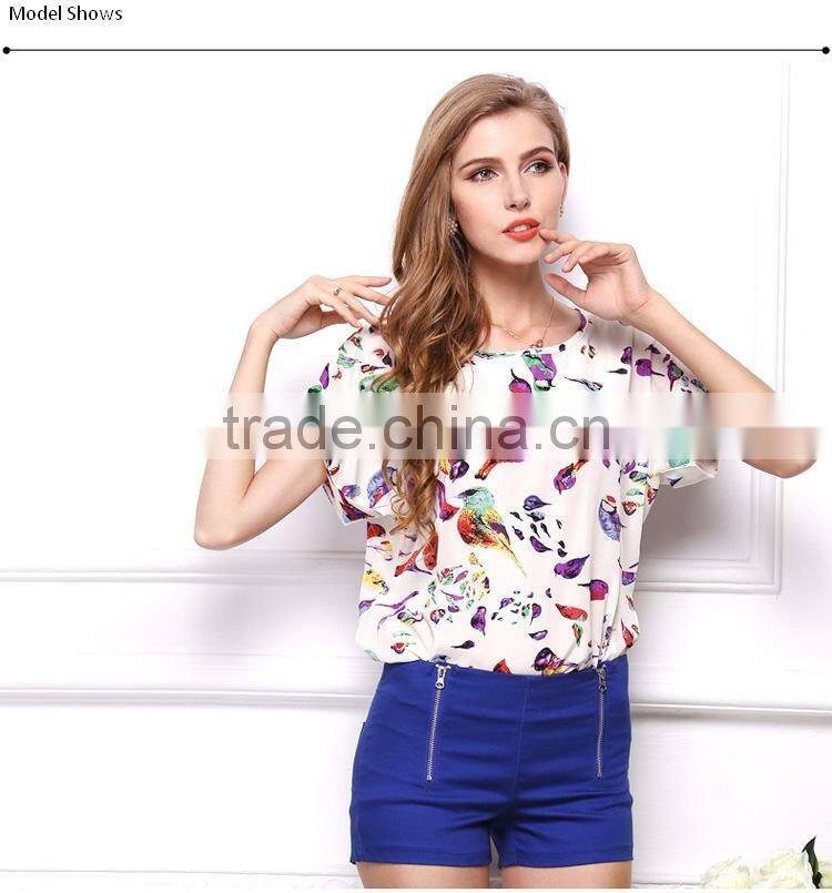 Hot Sale European style plus size batwing sleeves printing Chiffon Blouse shirt for women , Casual Chiffon Blouse &tops