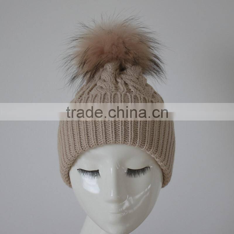 Myfur Knitted Beanie Slouchy Unisex Cap Baggy Skull Ski Keep Warm Hat with Fur Ball