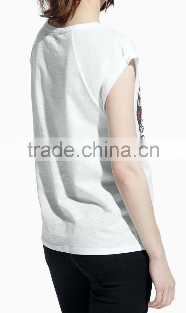 Sweet Teen Girls Heart Print Rolled-up Sleeves White Korean Fashion Cotton T Shirt