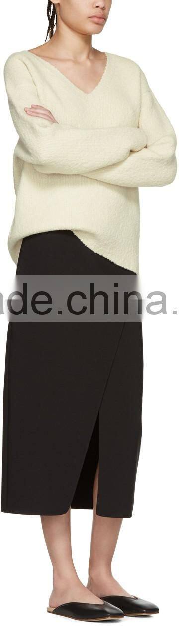 Custom Made Long Sleeve Wool Blend Boucle Pullover Sweater in Off White for Women