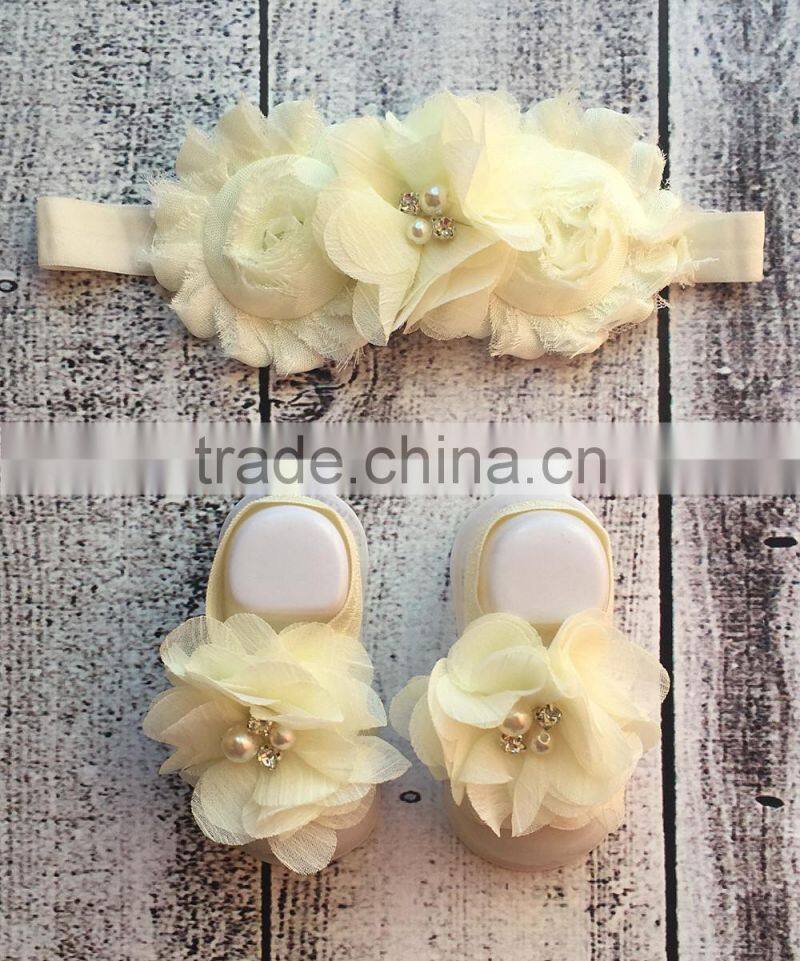 Hot Selling Girls Sandal With Ivory Flower Chiffon Headband Kids Barefoot Sandal Child Wear NP-G-CS905-49