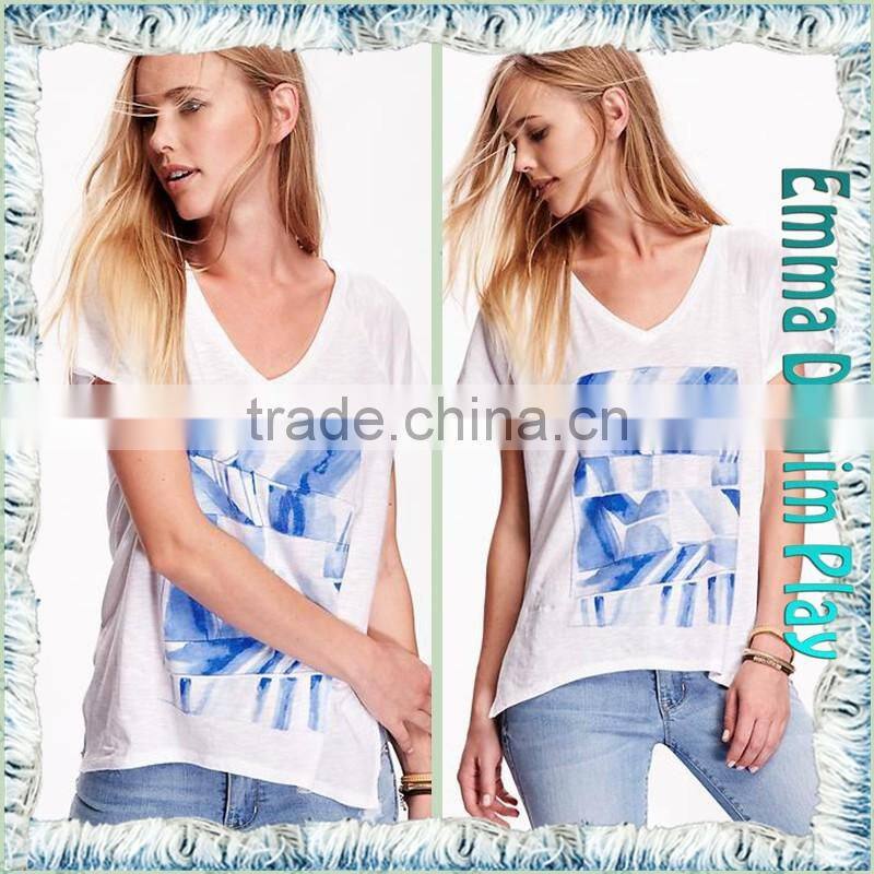 2016 Top Custom Designs Ditigal Printing Girls Open Hem Deep V Neck T-Shirt