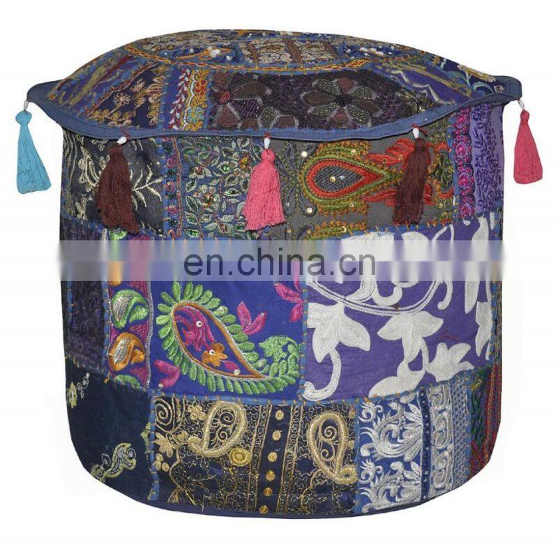 Multi Patch Ottoman Pouf Cover Round Patchwork Design Cotton Embroidery Ottoman Cover