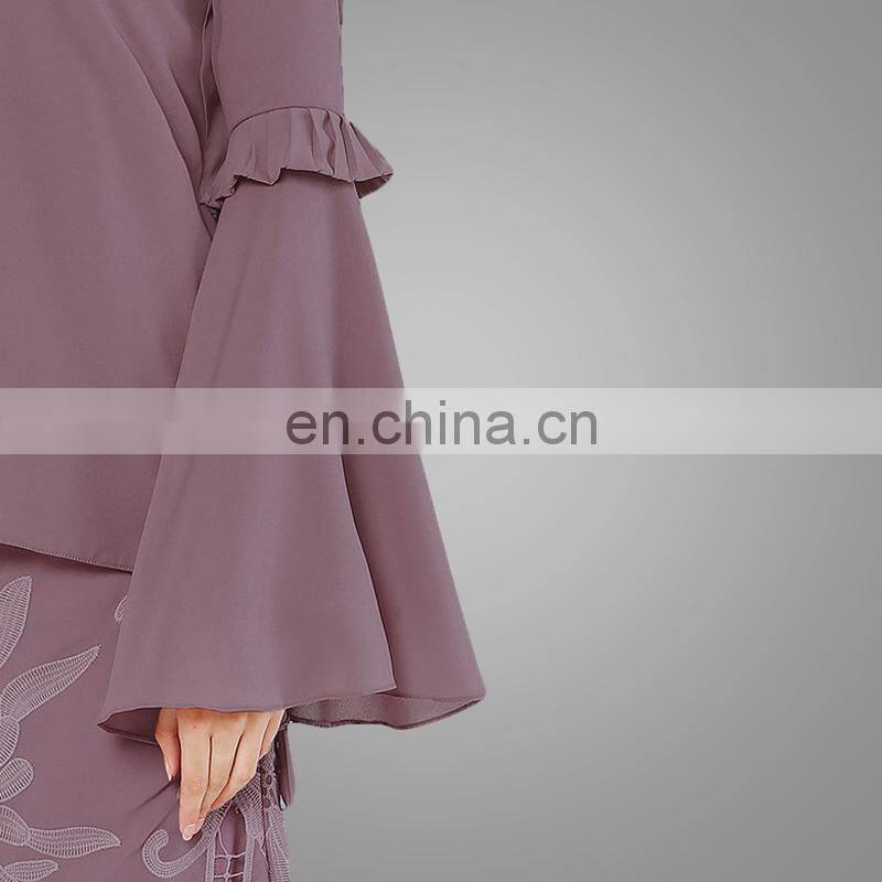 Modern Muslim Women Loose Cut Long Flared Sleevs With Ruffle Chiffon Dress Two Pieces Suits Islamic Wear For Ladies Baju Kurung