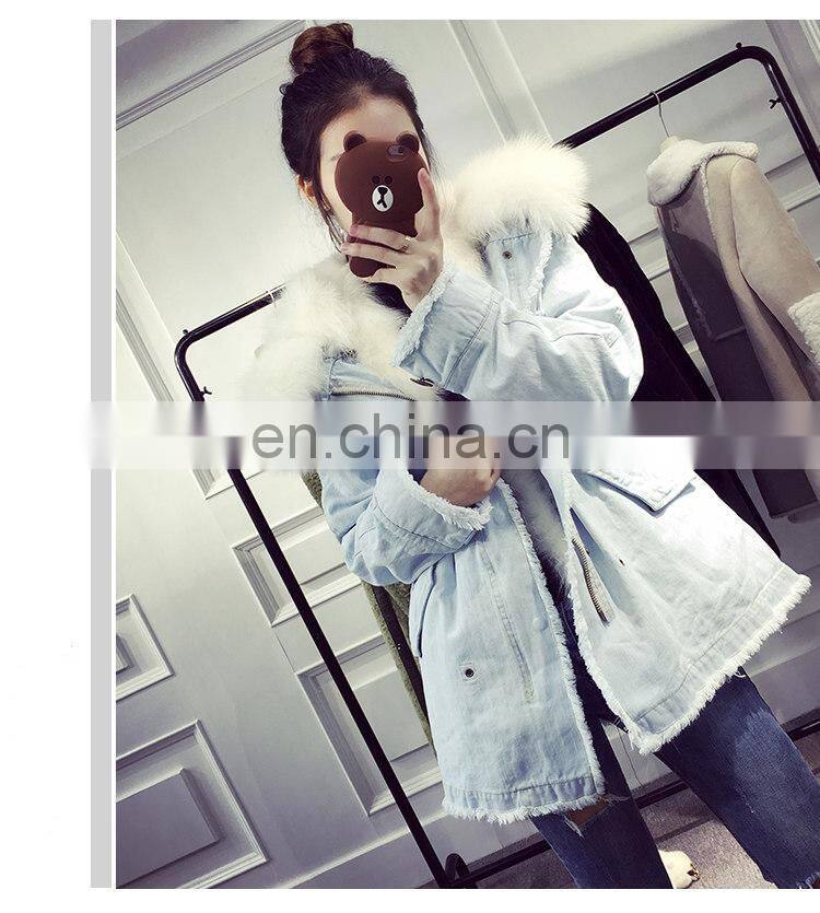 Custom High Fashion Lady Autumn and Winter Cheap Genuine Raccoon Fur Lining Women Jean Coat