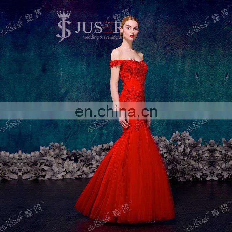 Real Off The Shoulder Lace Appliqued Fishtail Red Sexy Evening Dress Formal