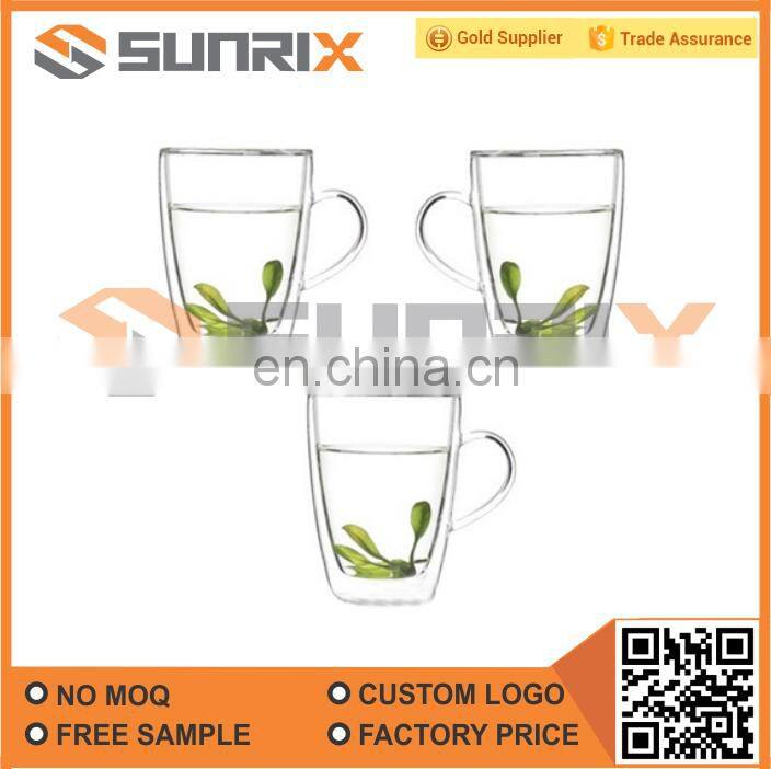 Double Walled Heatproof Clear Big Glass Tea Cup With Handle