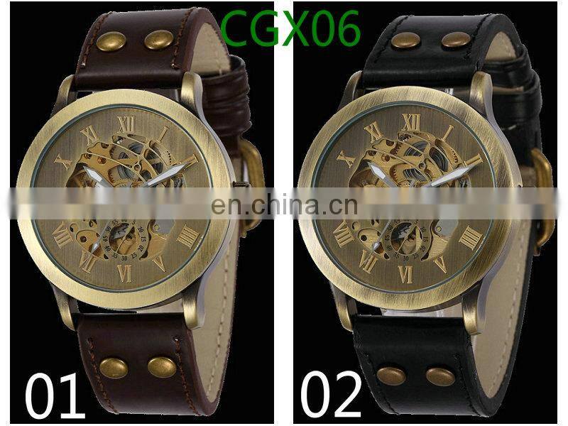 Shenhua 9269 Men Vintage Bronze Automatic Mechanical Skeleton Wristwatch Men's Leather Strap Mechanical Watch