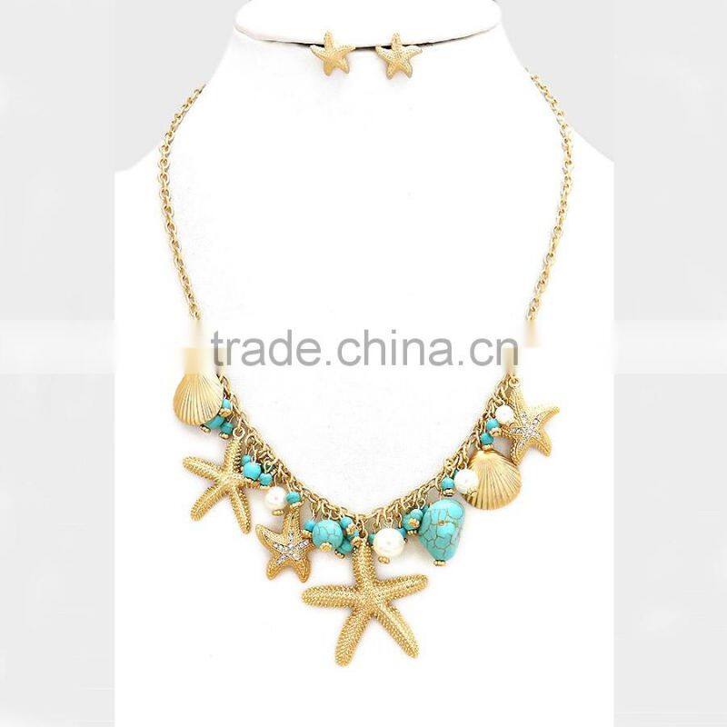 Sea Life Themed Jewelry Multi-Starfish and Shell Turquoise Charm Necklace