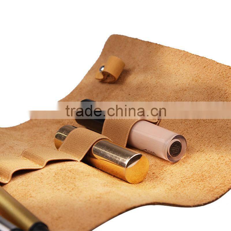 genuine leather rolling cosmetic pouch lipstick holder with closure