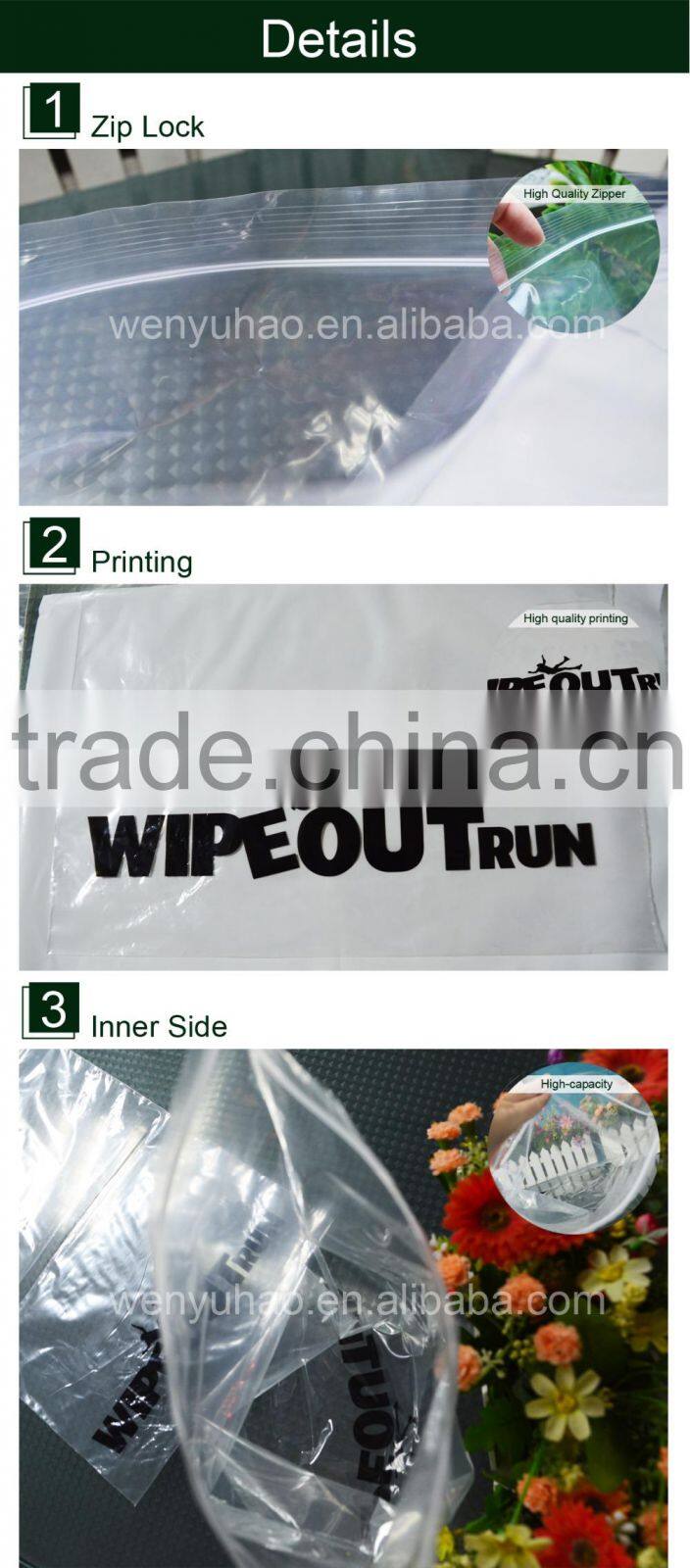 clear file bag with zipper /plastic zipper packing bags / factory wholesale zip lock bags