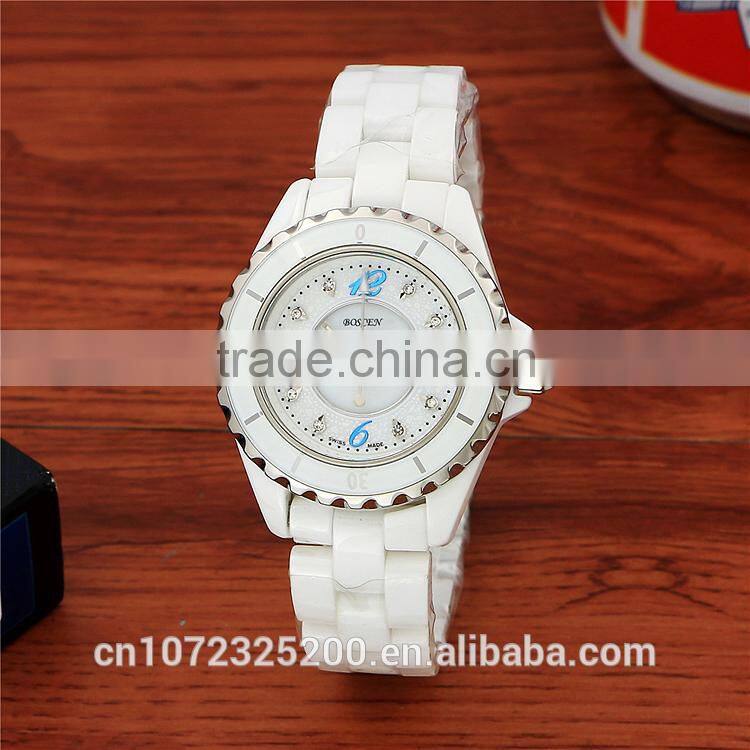 2016 BOSCEN Ladies Fashion White Ceramic Crystal Diamond Watches 3atm Water Resistant