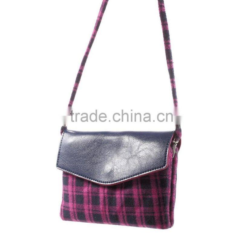 Check Pattern Lint and Leather Hybrid Bag for Smart Phones with Strap Size: 19 x 12cm(L x W)