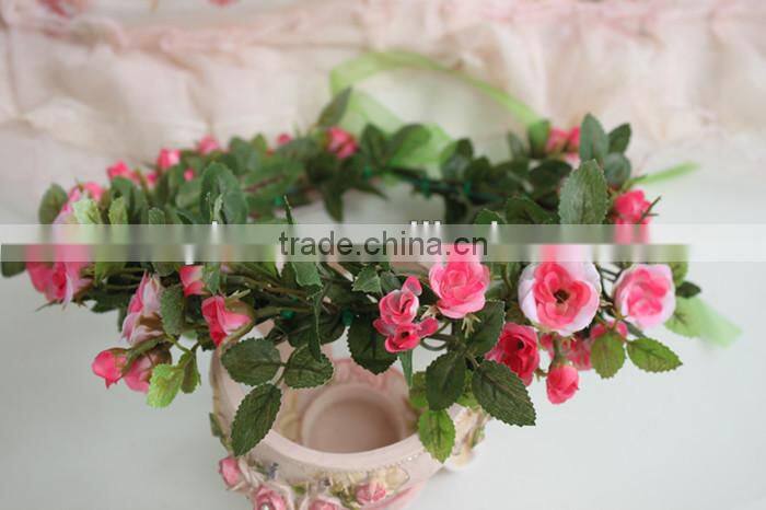 Hawaii Pink Rose Flower Head Wreath Bridal Party Woman Girls Flower Hair Accessory